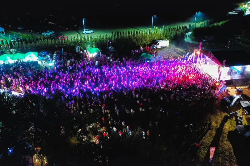 Vedere de sus, noaptea, cu mulțimea luminată în mov în fața scenei, standurile și pădurea din jur, la Deep in The Forest 2023